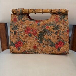 Artisan Tan and Red Floral Clutch with Wooden Handle